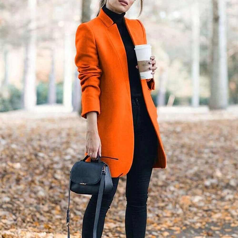 Women's Basic Stand Collar Slim Fit Jacket Pea Coat Notched Lapel Trench Coat